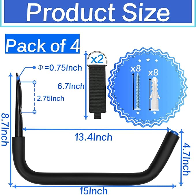 Kayak Storage Hooks, 15Inch Heavy Duty Garage Wall Mount Rack, Garage Storage Hangers for Canoe, Surfboard, Snowboard (19G-15Inch, 4pack)