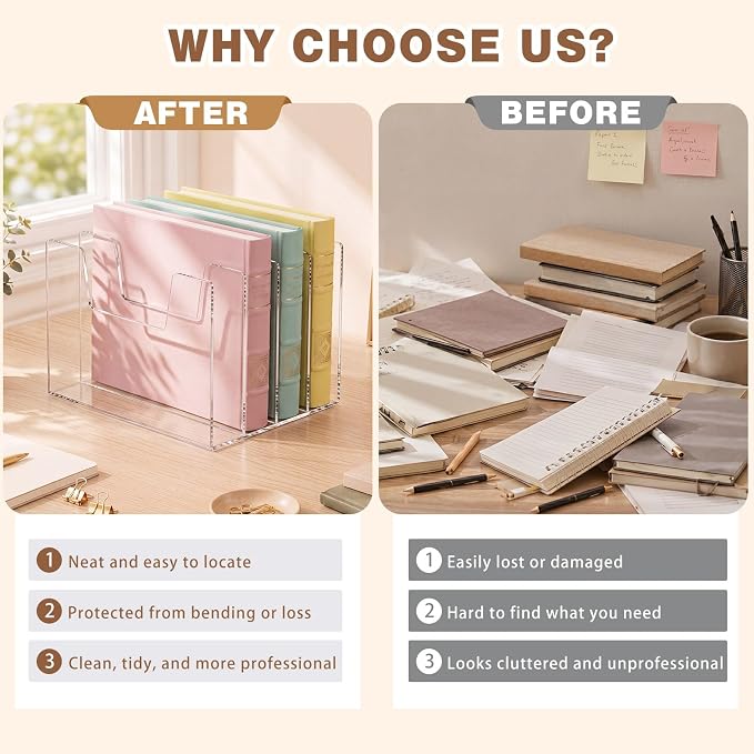 4 Section Clear Acrylic Desktop File Organizer Vertical File Sorter 4mm Thick, Large Capacity Upright Magazine Organizer, Book Paper, Notebooks, Envelopes, Mail Holder