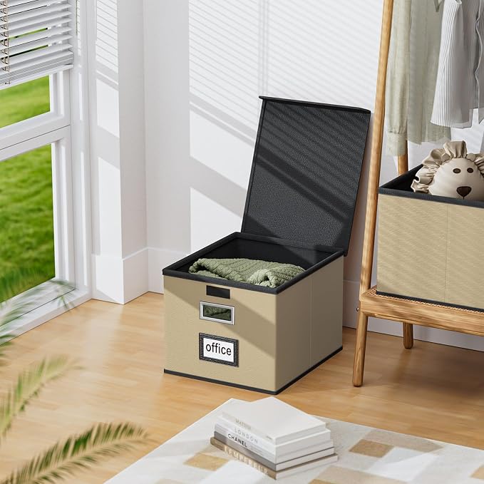 File Organizer Box with Lids, Collapsible File Folder Organizer | File Box with Plastic Slides for Document, Filing Bin for Letter Size Hanging File Folders (1 Pack, Khaki, Leather)