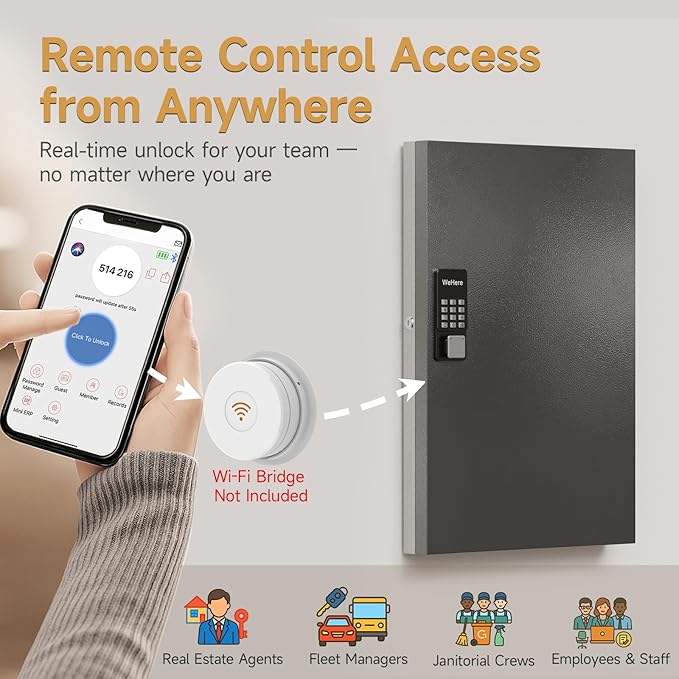 96 Key Lock Box Smart Key Organier Cabinet with Keypad & App for Office | Wall Mounted Lockbox use App, Custom & One Time Password, WiFi (Need W100 Bridge) Unlock for School, Office, Fleet, Hotel