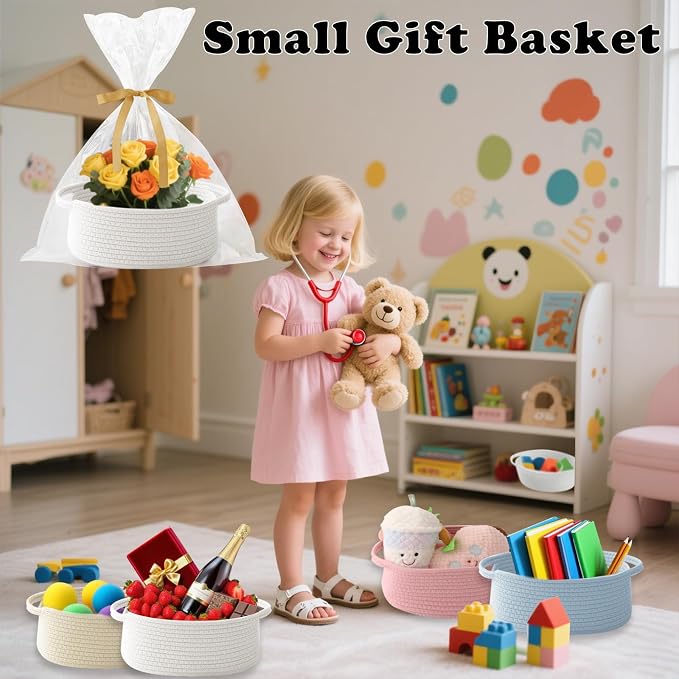 White Woven Rope Basket - Baby Gift Basket with Bag & Ribbon | Cotton rope with handle, 12 x 8 x 5 in, gift bag and ribbon, for baby shower, birthday, toy storage, nursery, shelf decor
