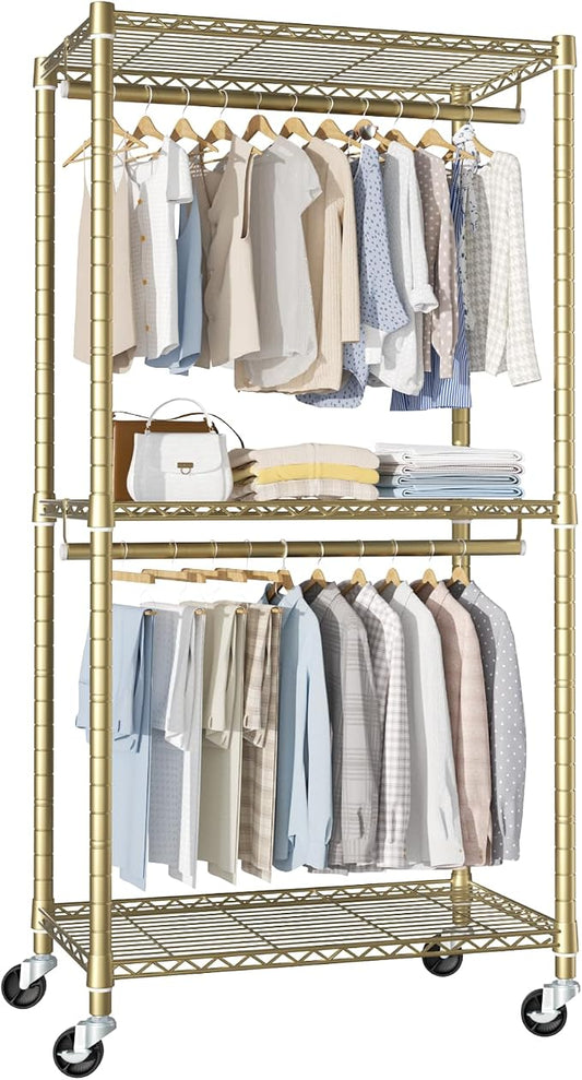 FUTASSI P1 Medium Heavy-Duty Portable Closet, 30" W x 14" D x 76" H, Gold | Metal Rolling Clothing Rack, Closet System with Wheels and Shelves for Hanging Clothes, Portable Wardrobe Organizer Storage