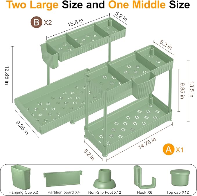 Sevenblue 3-Pack 2-Tier L-Shaped Under Sink Organizers with Sliding Drawers | Multi-use kitchen & bathroom storage, 12.85 inch green cabinet organizer, space-saving sliding drawer design.