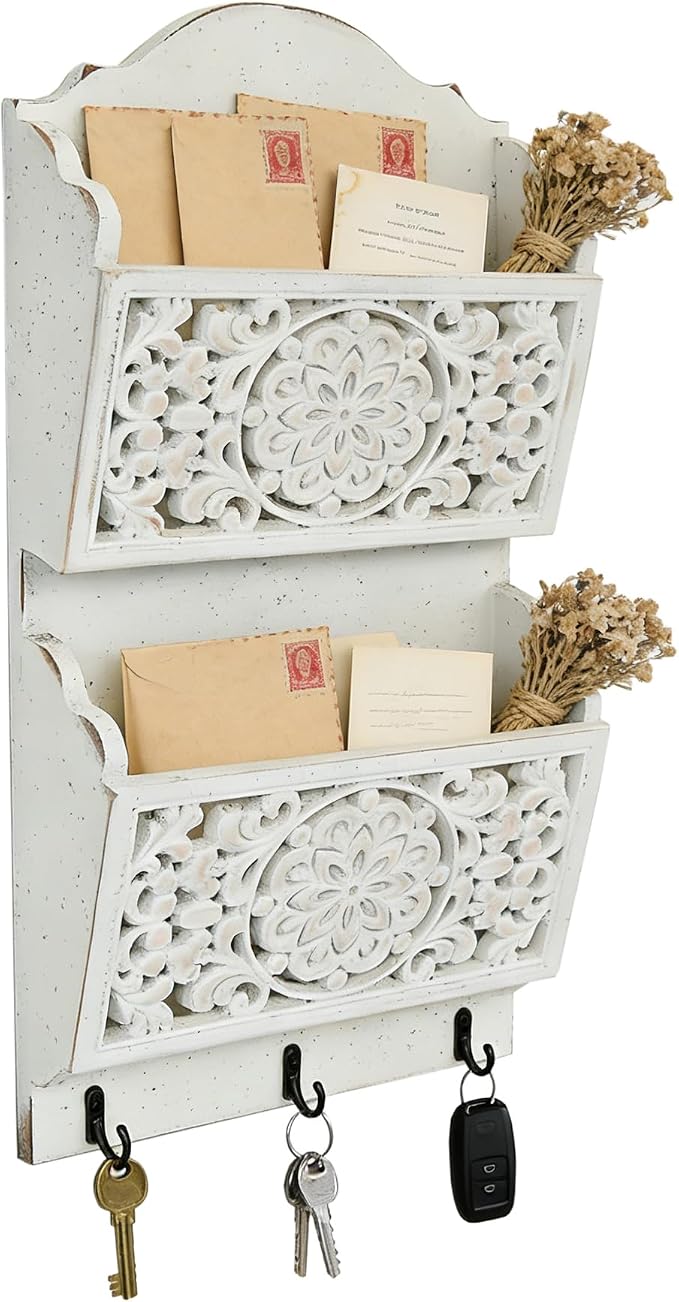 Rustic Key and Mail Holder for Wall Home Decorative,2-Slot Mail Organizer Wall Mount with 3 Hooks, Wooden Key Hangers Wall File Organizer Letter Sorter for Letter Magazines（White）