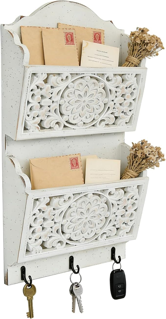 Rustic Key and Mail Holder for Wall Home Decorative,2-Slot Mail Organizer Wall Mount with 3 Hooks, Wooden Key Hangers Wall File Organizer Letter Sorter for Letter Magazines（White）