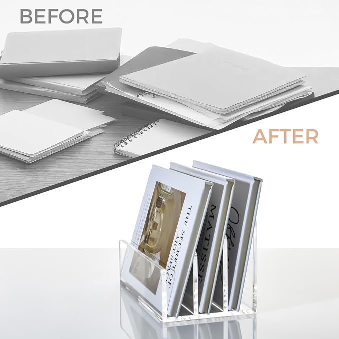 3 Compartments Clear Acrylic Mail Holder – Vertical Letter Sorter & Multifunction Desk Organizer for Bills, Documents, Notebooks – Modern Office/Home Envelope File Rack