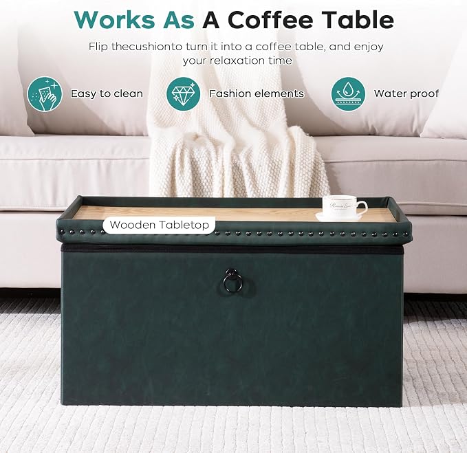 oakvivo Folding Storage Ottoman Bench, Leather Foot Rest Stools with Rivet Design, 15" D x 30" W x 15" H, Ottoman with Storage End of Bed Bench Footstool for Living Room Bedroom, Load 330 lb, Green