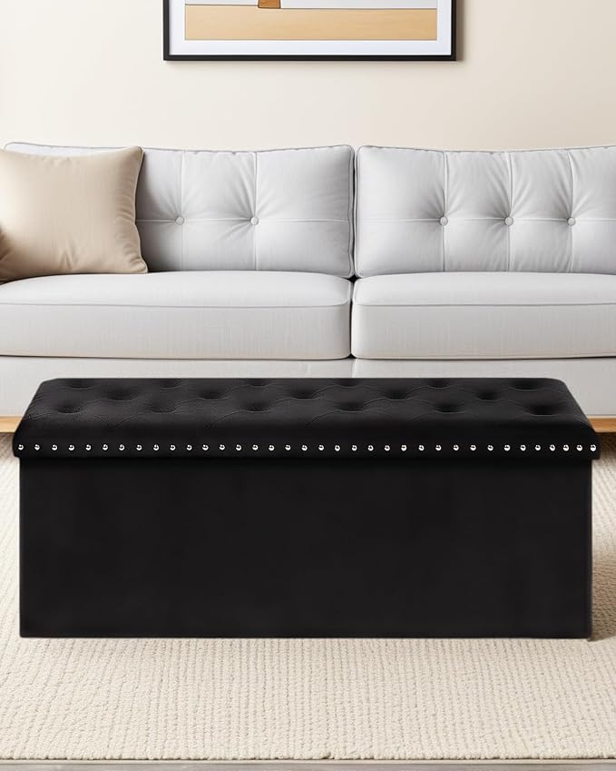 Velvet Storage Ottoman Bench, 43.3" Upholstered Tufted Ottoman with Storage, Folding Footrest Bench for Bedroom, Living Room, or Entryway, Black