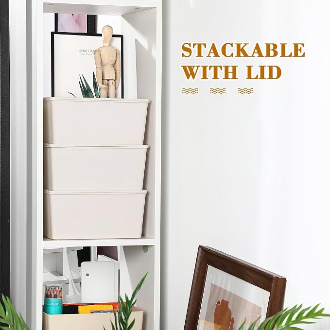 4 Pcs Storage Bins with Lids Plastic Stackable Containers for Classroom Room Organizing Shelves Christmas Ornament Box Baskets(Beige,Small)