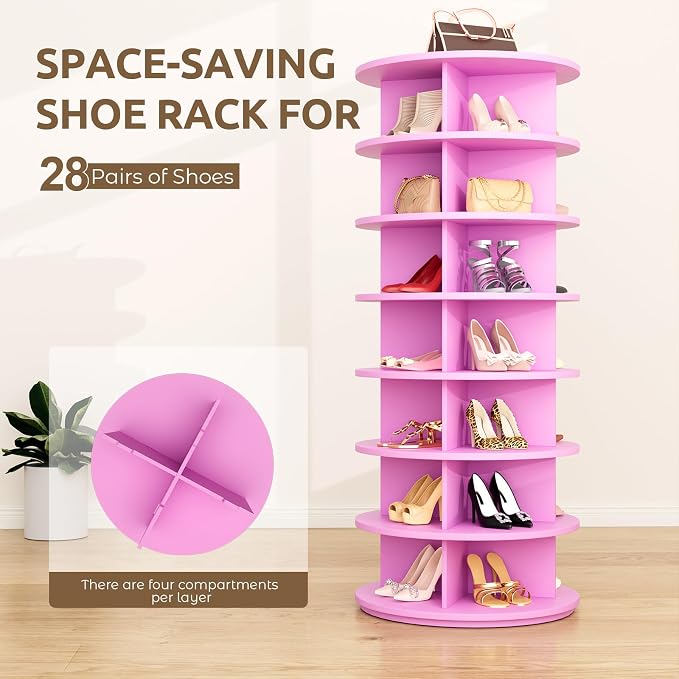 Rotating Shoe Rack 7 Tier Spinning Shoes Organizer Tower for 28-32 Pairs Lazy Susan 360 Revolving Shoe Storage Cabinet Rotate Shoe Handbag Rack Round Carousel for Closet, Bedroom (Pink)