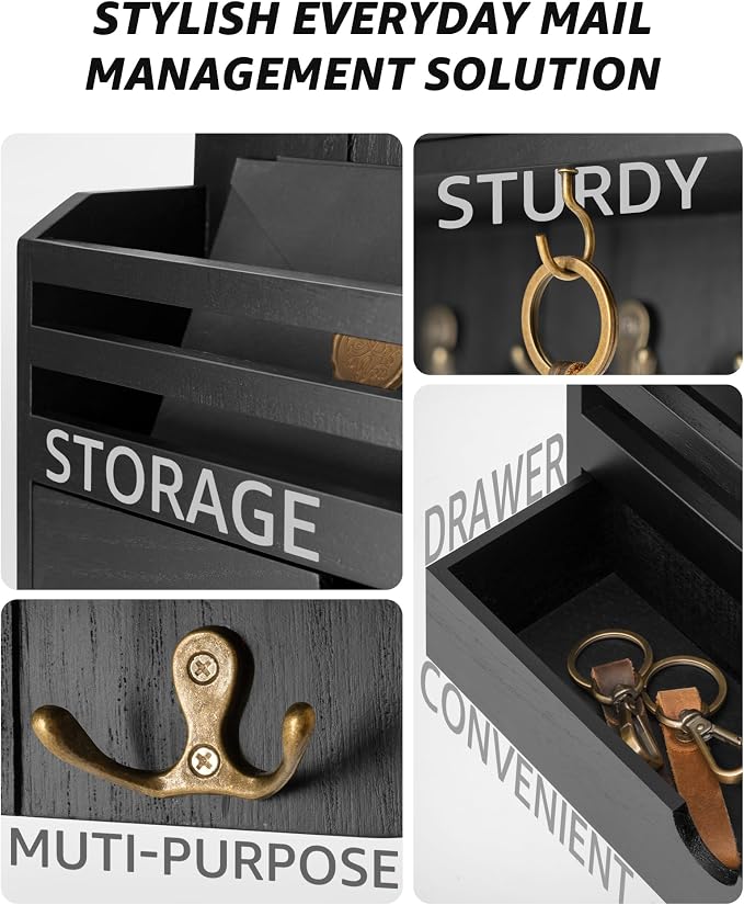 Rebee Vision Mail Organizer Wall Mount with 7 Key Hooks for Entryway, Black | Key and Mail Holder for Wall, Storage Drawer, Key Hanger, Mail Sorter, Home Decor, Hallway and Office, Entryway Organization