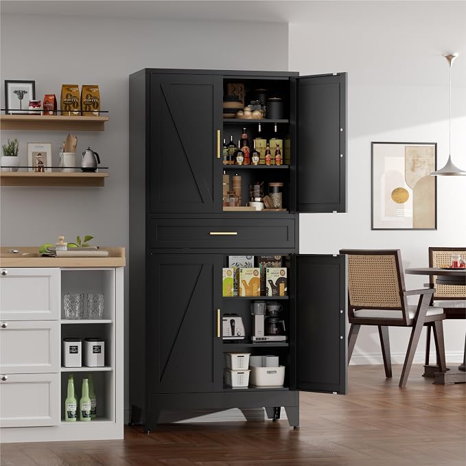 71" Tall Farmhouse Pantry Cabinet,Metal Cabinet with Doors and Shelves,Storage Cabinet for Kitchen Garage,Black 1 Pack