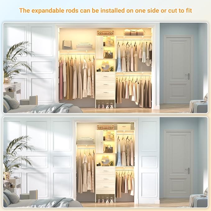 Armocity 96 Inches Closet System with Doors, 8FT Walk In Closet Organizer with 2 Shelving Towers, Heavy Duty Clothes Garment Rack with 3 Wood Drawers, 96"L x 16"W x 80"H, Max Load 1000 LBS, White Oak