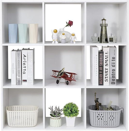 ZenStyle 9 Cube Storage Shelf Organizer, Wooden Bookshelf System Display Cube Shelves Compartments, Customizable W/ 5 Removable Back Panels (White)