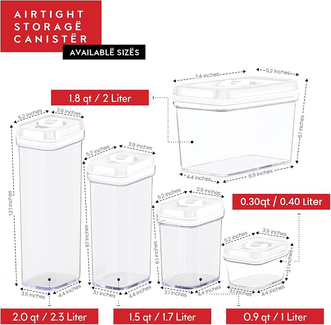 DWËLLZA KITCHEN Airtight Food Storage Containers with White Lids 2L - 4 Pc Clear Plastic Pantry Snacks Kitchen Container, Baking Supplies, 4LB Sugar & Flour Canister BPA-Free