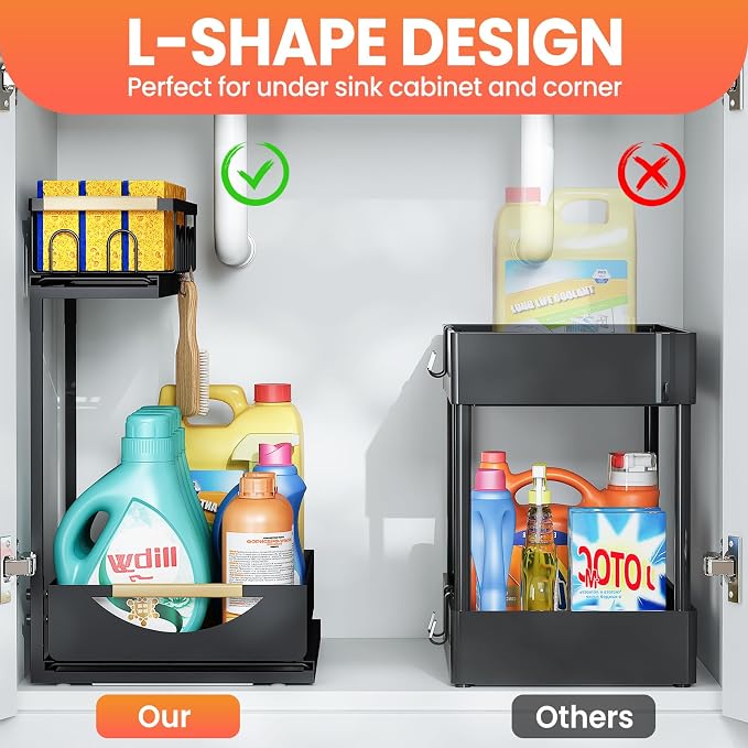 Under Sink Organizer and Storage 2 Tier Cabinet Pull Out Shelf Organizers | 2 Pack 2 Tier under sink storage for Bathroom and Kitchen Slide Out Drawer Organization for Home Cabinets Shelves and Drawers