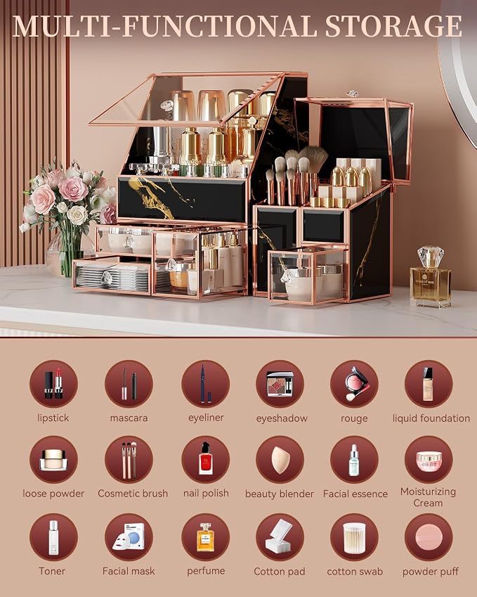 CoralHouse Glass Makeup Organizer with Brush Holder for Vanity | Black Skincare Organizer for Vanity, Stackable, Large Capacity, for Makeup Lipstick Perfumes Brush Skincare