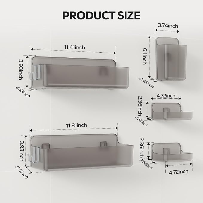 Nieifi Adhesive Shower Shelves, Gray, 5 Pieces | Rustproof ABS, Large Capacity, Removable Design, Easy-Clean, No Drilling Shower Organizer for Bathroom Storage & Home Decor