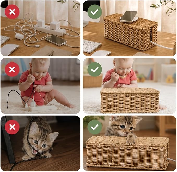 Cable Management Box, Handmade Rattan Cable Organizer with 2 Open Slots, Cord Hider for Power Strip, Router & USB Hub, Registered U.S. Design Patent (D1,112,102), 13" x 5.1" x 5.1", Natural
