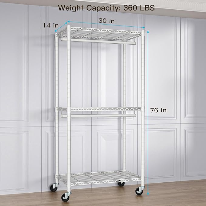 FUTASSI P1 Medium Heavy-Duty Portable Closet, 30" W x 14" D x 76" H, White | Metal Rolling Clothing Rack, Closet System with Wheels and Shelves for Hanging Clothes, Portable Wardrobe Organizer Storage