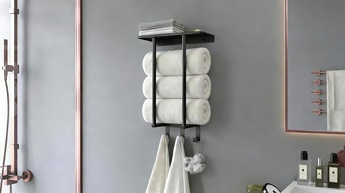 Bethom Towel Racks for Bathroom Wall, Black Small Towel Holder with Hooks | Stainless Steel Towel Shelf and 3 Hooks for Small Bathroom, Hold 3 Large Bath Towels