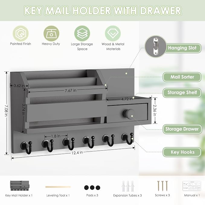 VIS'V Key Holder Wall Mount, Wooden Mail and Key Organizer, Gray | Contains Little Drawer, Small Shelf, 2 Slots, 6 Hooks, for Entryway, Hallway, Doorway, Kitchen, Garage, RV
