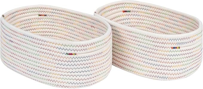 CubesLand Small Woven Baskets,Cute Baskets or Shelf Set 2 | Cube Organizer Basket Bin,Soft Toys Storage Basket,Baby Nursery Basket Bin,Home Decor 12"D x 8"W x 5"H Rainbow Stitches