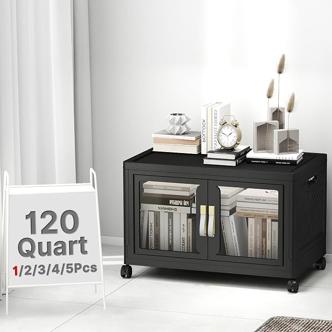 Stackable Storage Bins with Lids, 120QT Extra Large Storage Cabinet | Clear Doors, Foldable Storage Drawers, Heavy Duty, Collapsible Closet Organizers for Bedroom Office (1, Black, 120, Quarts)
