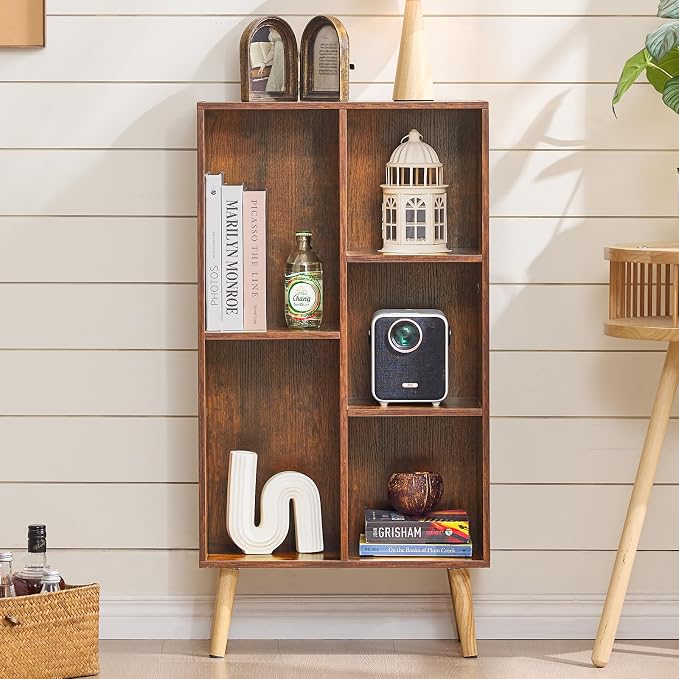 LEYAOYAO 5 Cube Bookshelf, Mid-Century Modern Book Shelf with Legs, Brown | 3 Tier Bookcase, Rustic Wood Bookshelves Freestanding Small Storage Organizer, Open Shelves for Bedroom, Living Room, Office