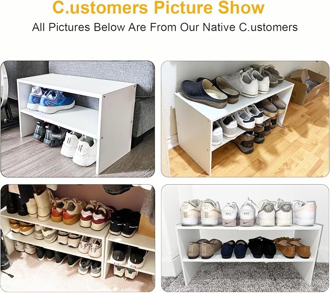 2 Pack White Shoe Rack for Closet, 2-Tier Expandable Small Shoe Shelf, Stackable Iron Wood Combination Shoe Organizer Racks Shelves for Closets, Entryway, Hallway, Garage, Holds 12-24 Pairs