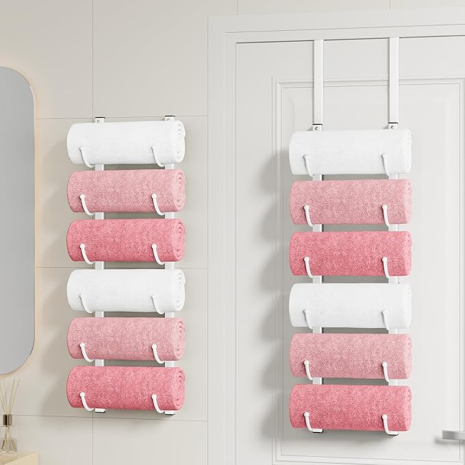 HapiRm Rolled Towel Racks for Bathroom - 6-Tier Over The Door & Wall Mounted Bathroom Towel Storage, Hanging Metal Organizer for Towels & Bath Sheets, Space Saving Rack for Bathroom, Camper, RV, White
