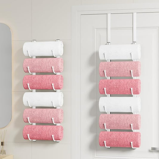 HapiRm Rolled Towel Racks for Bathroom - 6-Tier Over The Door & Wall Mounted Bathroom Towel Storage, Hanging Metal Organizer for Towels & Bath Sheets, Space Saving Rack for Bathroom, Camper, RV, White