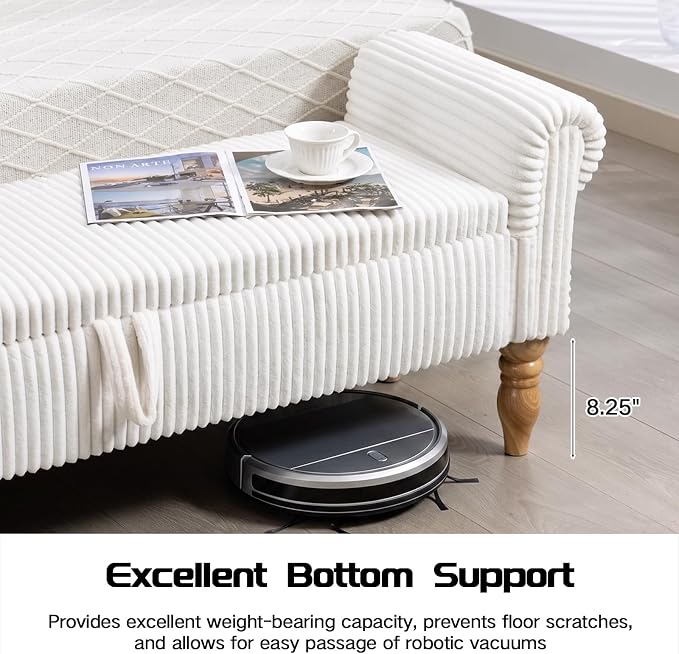60" Storage Bench for Bedroom,End of Bed Bench with Storage | Corduroy King Size Bench with Rolled Arms,Storage Ottoman Benches for Living Room,Entryway,Benches for Foot of Bed,White