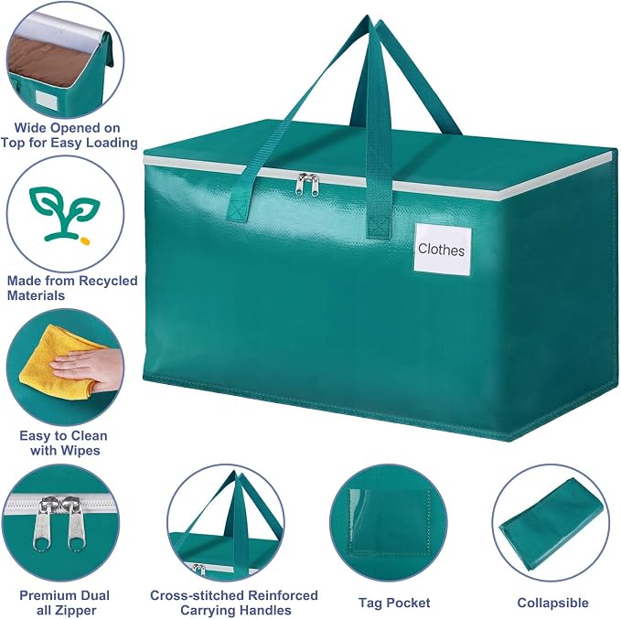 StorageRight Moving Bags-Heavy Duty Moving Boxes, Storage Totes with Zipper, Reinforced Handles and Tag Pocket-Collapsible Moving Supplies for moving, Storage and Travel 93L(Green-10 Pack)