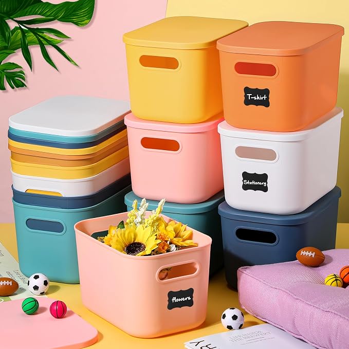Thyle 24 Pack Classic Colorful Plastic Storage Bins with Lids 7 Quart Toy Storage Box Stackable Nestable Organizer Boxes with Handle and Labels for Classroom Shelf Bedroom Desktop Toys School Supplies