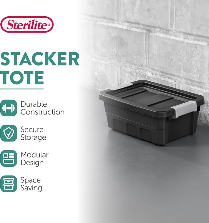 Sterilite Stacker Tote, Plastic Storage Bins with Lids, 4 Gallon, 6-Pack | Rugged Stackable Organizer Bin Containers with Latching Lids for Bed, Garage, Office, Kitchen, Closet & Classroom