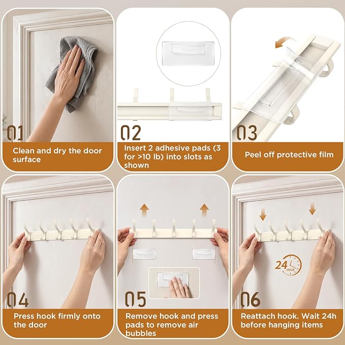 MIAOW Over The Door Hooks, Strong Adhesive Hanger Shower Towel Racks White | 10 Coat Hook for Shower Bathroom, Detachable Adhesive Hook Not Damage Door, Save Space, No Noisy, Adjustable Height for All