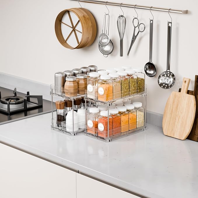 2 Tier Sliding Spice Racks for Cabinets,2 Pack 10.4'' Deep Narrow Vertical Spice Rack Pull Out for Inside Cabinets,Kitchen,Pantry,Cupboard Seasoning,Jar Organizer and Medicine Cabinet Storage