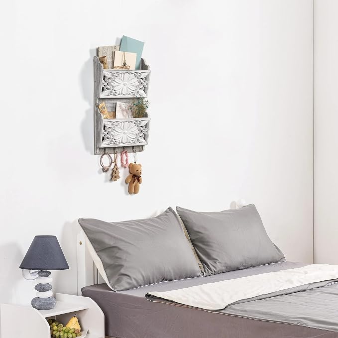 2-Slot Mail Organizer Wall Mount with 4 Hooks | Rustic Key and Mail Holder for Home Decorative, Wooden Key Hangers Wall File Organizer Letter Sorter for Letter Magazines