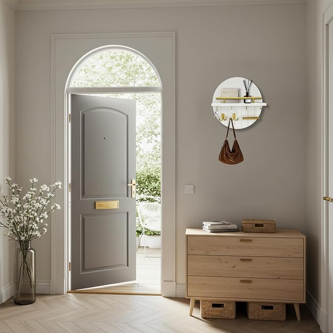 Round Wooden Key Holder Wall Mount with Shelf & 8 Key Hooks for Entryway | White Wood Key Holder, Top Shelf with Metal Guard Rail, Boho & Modern Farmhouse Entryway Decor for Home Apartment