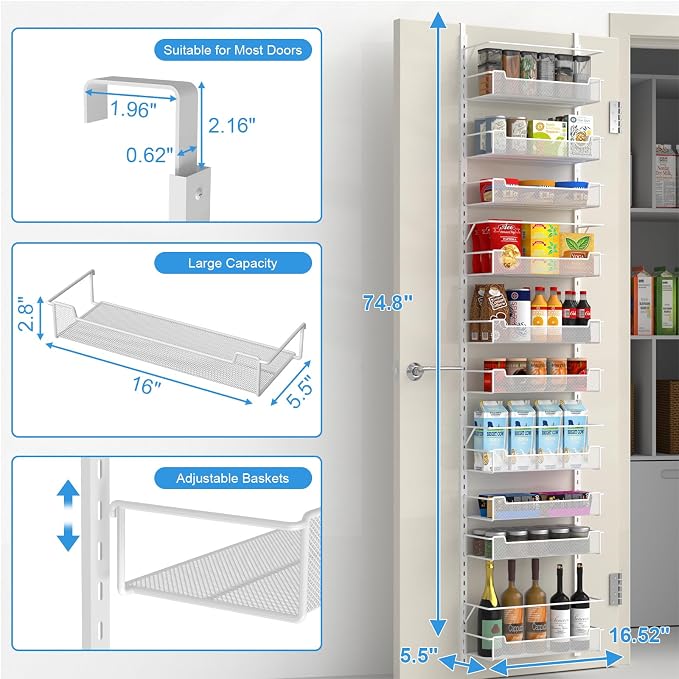 VyGrow Over the Door Pantry Organizer, 10-Tier Over the Door Organizer with Adjustable Basket, Pantry Door Organization for Pantry Kitchen Storage Room Spice Rack, White