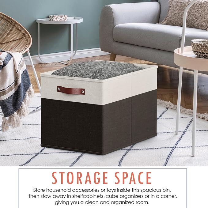 Ornavo Home 13x15x13 Foldable Fabric Storage Cube Bins, 6 Pack, White/Black | Collapsible Linen Shelf Basket Organizer; Leather Handles; Fits Cube Storage Shelving Units
