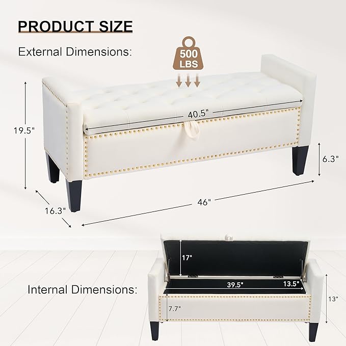 Velvet Storage Ottoman Bench, 46'' Upholstered Button Tufted End of Bed Bench, Modern Entryway Ottoman Bench with Arms, Beige