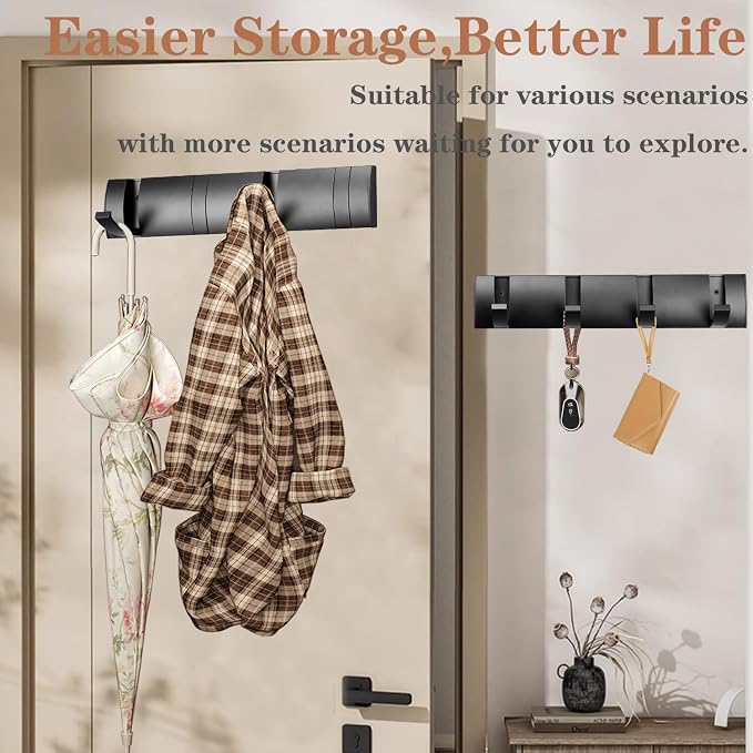 Folding Coat Hooks, Wall Mounted Coat Rack with 8 Retractable Hooks, Heavy Duty Towel Rack for Bathroom Wall Hook for Hanging Clothes Bathrobe, Stainless Steel Coat Hanger for Entryway(Black)