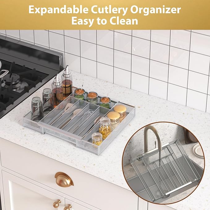 Sedegn Silverware Organizer Metal Mesh, Drawer Organizer, Utensil Cutlery Tray Expandable Flatware Organizer with 7 Compartment Silver 9.6"~16.1" x 13.8"