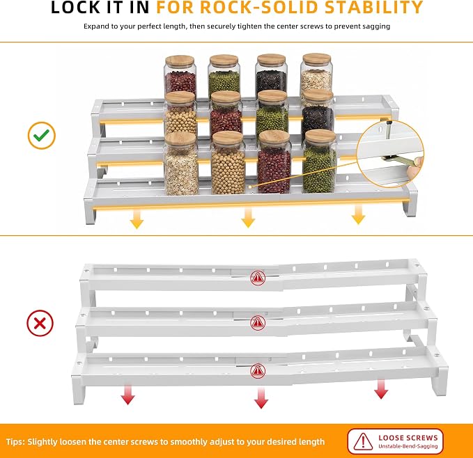2 Pack Spice Rack Organizer for Cabinet, 13-21.5" Expandable Spicy Shelf | 9.45" Wide 3-Tier White Metal Seasoning Organizer, Kitchen Spice Organization, Slip-Resistant Guardrails for Jars and Cans