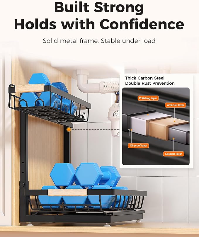 Sevenblue 2-Pack 2-Tier Height Adjustable Under Sink Organizer & Storage | Multi-purpose storage for kitchen & bathroom cabinet. Extra Large black shelf, height adjustable design for space-saving.
