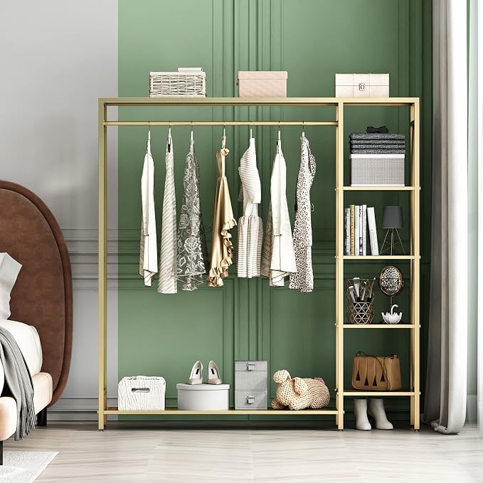 TIEOU Modern Gold Clothes Racks Free-Standing, Gold Clothing Rack with Shelves for Boutiques, Heavy Duty Garment Rack for Hanging Clothes, Large Wardrobe Closet(59''L)