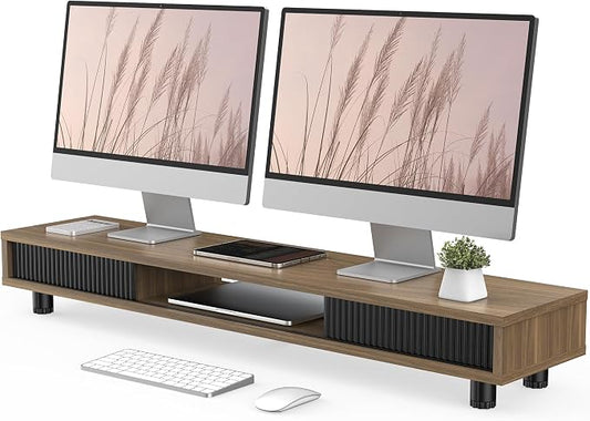 Fenge Dual Monitor Stand with Storage, Desk Shelf with Glass Sliding Door | Ergonomic Height Adjustment, 42.5in Monitor Shelf, 2-Tier Monitor Riser, Desk Organizer for Screen, PC, Laptop, Brown