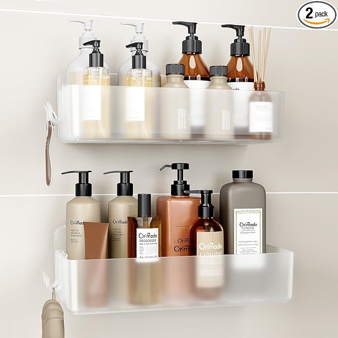 Orimade Shower Caddy 2-Pack, No-Drill Adhesive Shelves with 4 Hooks for Bathroom, Rustproof ABS Plastic Storage Organizer Set, Clear